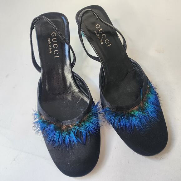 Gucci Vintage 1999 Tom Ford Black Satin Blue Feather Heels 7B - Picture 1 of 10